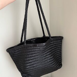 New Black Woven Tote Bag - Genuine Leather
